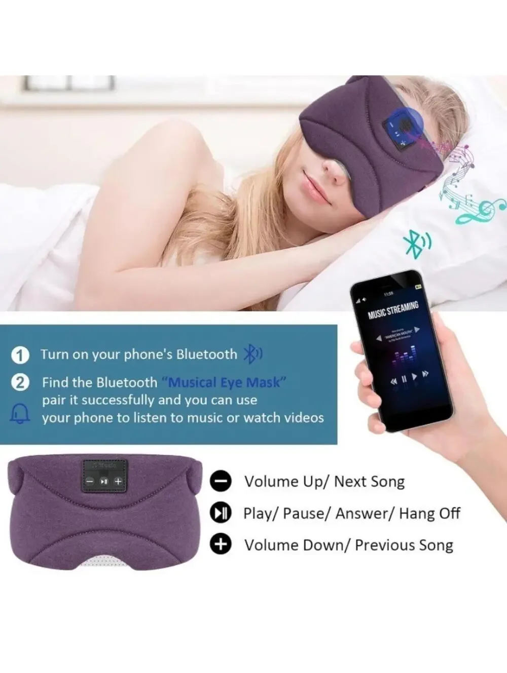 Bluetooth Sleep Mask with 24 White Noise, Sleep Mask with Bluetooth Headphones